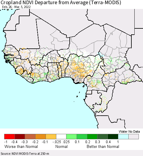Western Africa Cropland NDVI Departure from Average (Terra-MODIS) Thematic Map For 2/26/2022 - 3/5/2022