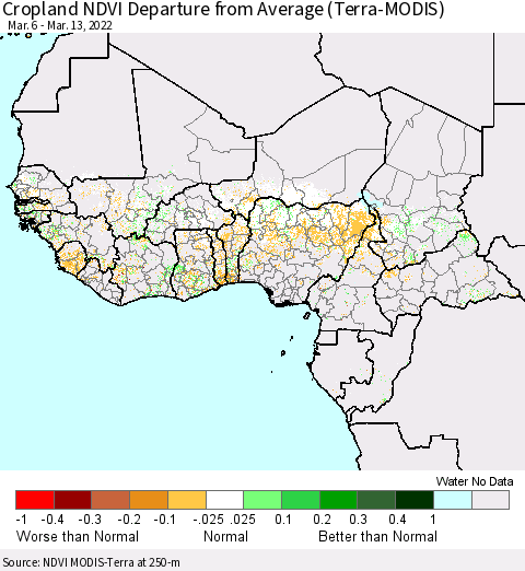 Western Africa Cropland NDVI Departure from Average (Terra-MODIS) Thematic Map For 3/6/2022 - 3/13/2022