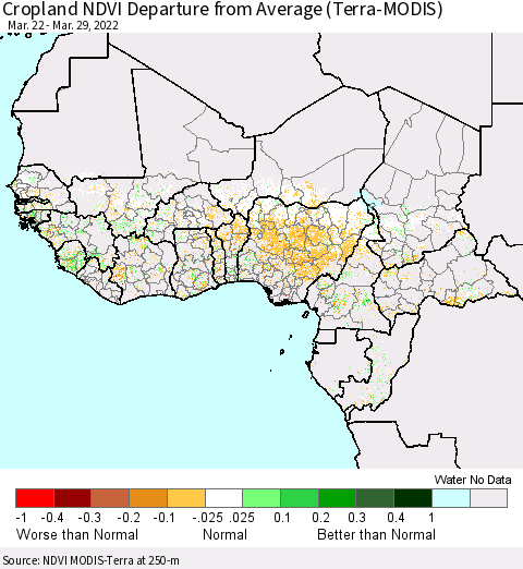 Western Africa Cropland NDVI Departure from Average (Terra-MODIS) Thematic Map For 3/22/2022 - 3/29/2022