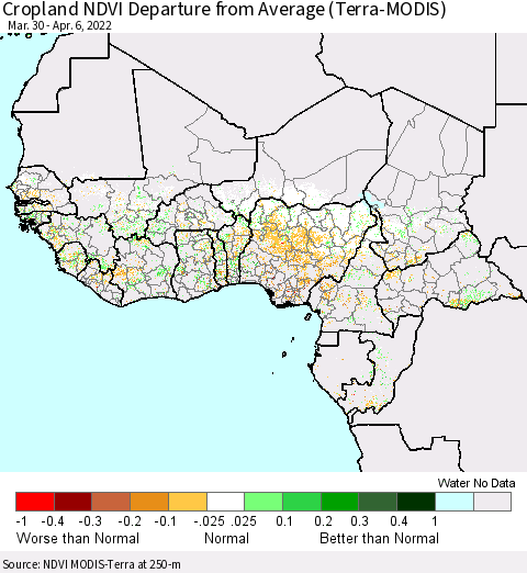 Western Africa Cropland NDVI Departure from Average (Terra-MODIS) Thematic Map For 3/30/2022 - 4/6/2022