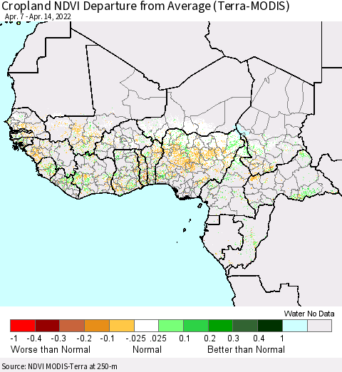 Western Africa Cropland NDVI Departure from Average (Terra-MODIS) Thematic Map For 4/7/2022 - 4/14/2022