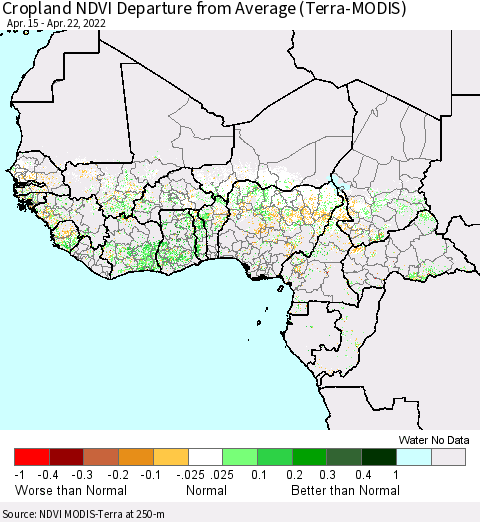 Western Africa Cropland NDVI Departure from Average (Terra-MODIS) Thematic Map For 4/15/2022 - 4/22/2022