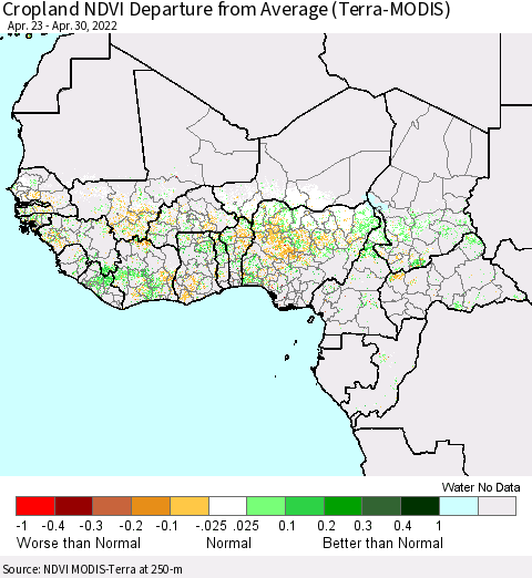 Western Africa Cropland NDVI Departure from Average (Terra-MODIS) Thematic Map For 4/23/2022 - 4/30/2022