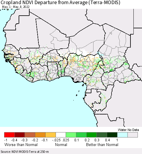 Western Africa Cropland NDVI Departure from Average (Terra-MODIS) Thematic Map For 5/1/2022 - 5/8/2022