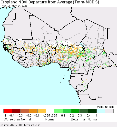 Western Africa Cropland NDVI Departure from Average (Terra-MODIS) Thematic Map For 5/17/2022 - 5/24/2022