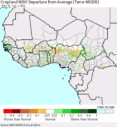 Western Africa Cropland NDVI Departure from Average (Terra-MODIS) Thematic Map For 5/25/2022 - 6/1/2022