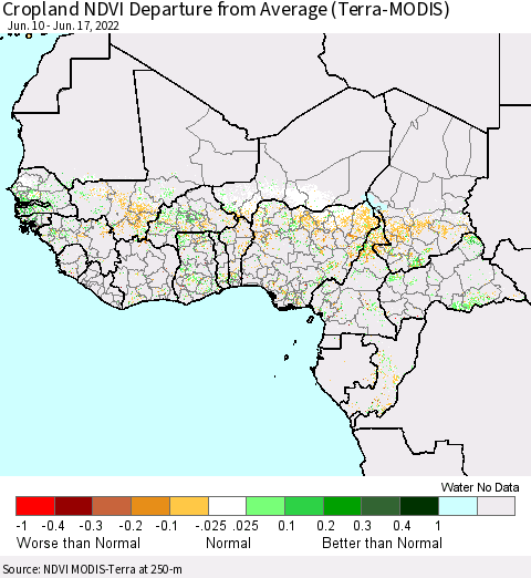 Western Africa Cropland NDVI Departure from Average (Terra-MODIS) Thematic Map For 6/10/2022 - 6/17/2022
