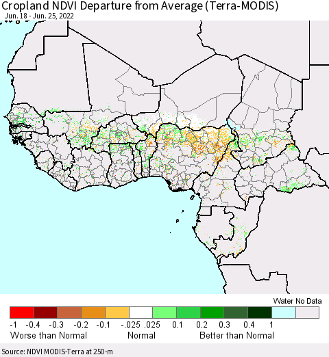 Western Africa Cropland NDVI Departure from Average (Terra-MODIS) Thematic Map For 6/18/2022 - 6/25/2022