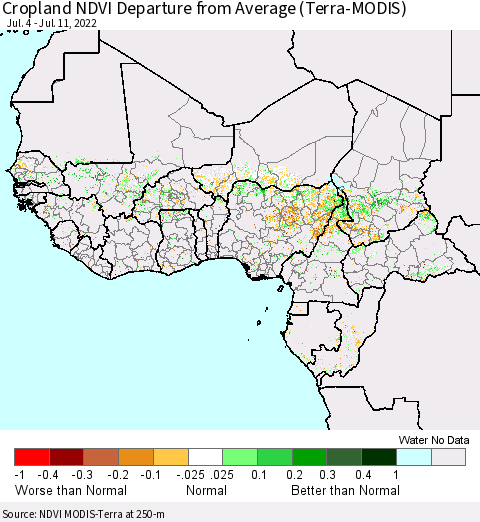 Western Africa Cropland NDVI Departure from Average (Terra-MODIS) Thematic Map For 7/4/2022 - 7/11/2022