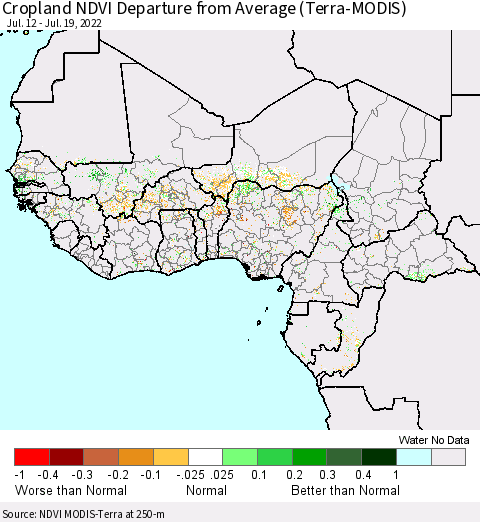 Western Africa Cropland NDVI Departure from Average (Terra-MODIS) Thematic Map For 7/12/2022 - 7/19/2022