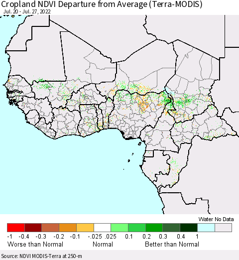 Western Africa Cropland NDVI Departure from Average (Terra-MODIS) Thematic Map For 7/20/2022 - 7/27/2022