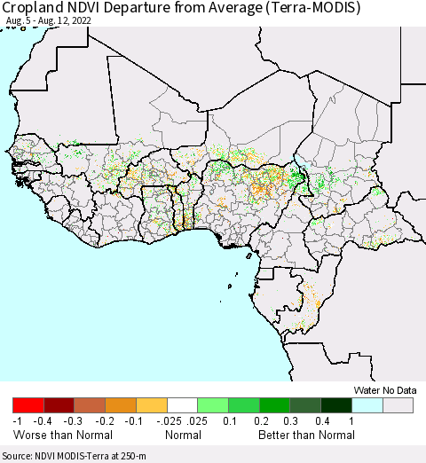 Western Africa Cropland NDVI Departure from Average (Terra-MODIS) Thematic Map For 8/5/2022 - 8/12/2022