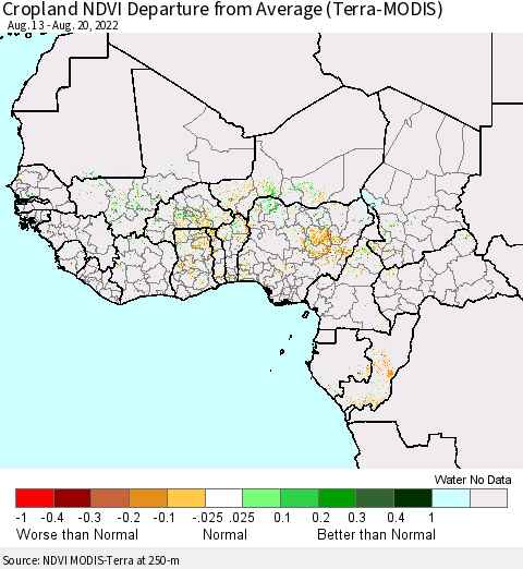 Western Africa Cropland NDVI Departure from Average (Terra-MODIS) Thematic Map For 8/13/2022 - 8/20/2022