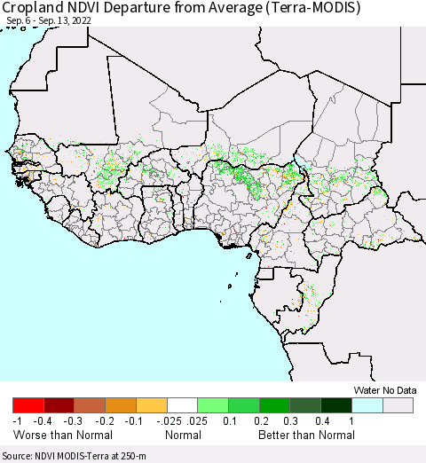 Western Africa Cropland NDVI Departure from Average (Terra-MODIS) Thematic Map For 9/6/2022 - 9/13/2022