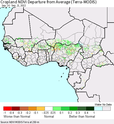 Western Africa Cropland NDVI Departure from Average (Terra-MODIS) Thematic Map For 9/14/2022 - 9/21/2022