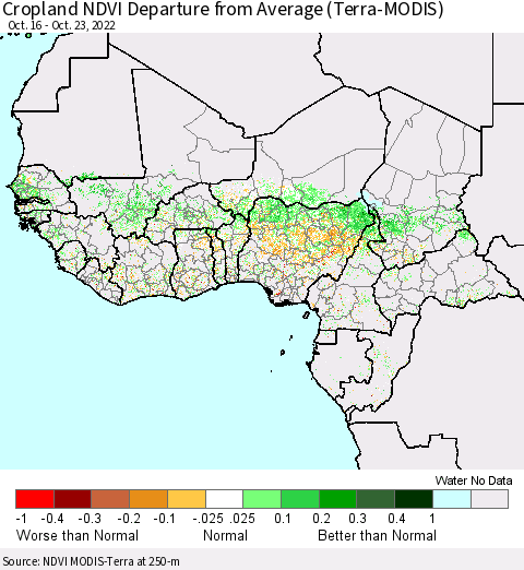 Western Africa Cropland NDVI Departure from Average (Terra-MODIS) Thematic Map For 10/16/2022 - 10/23/2022