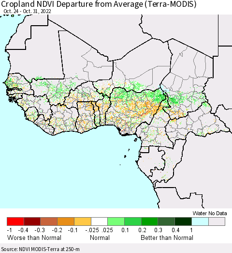 Western Africa Cropland NDVI Departure from Average (Terra-MODIS) Thematic Map For 10/24/2022 - 10/31/2022