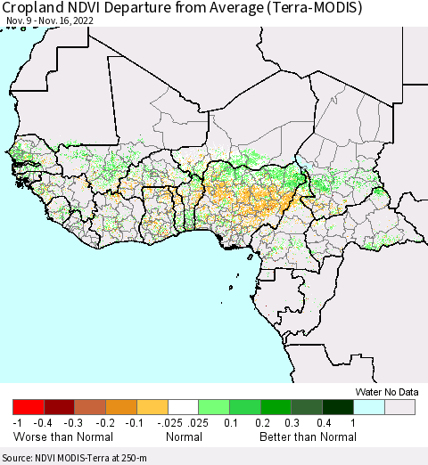 Western Africa Cropland NDVI Departure from Average (Terra-MODIS) Thematic Map For 11/9/2022 - 11/16/2022