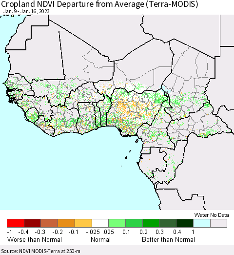 Western Africa Cropland NDVI Departure from Average (Terra-MODIS) Thematic Map For 1/9/2023 - 1/16/2023