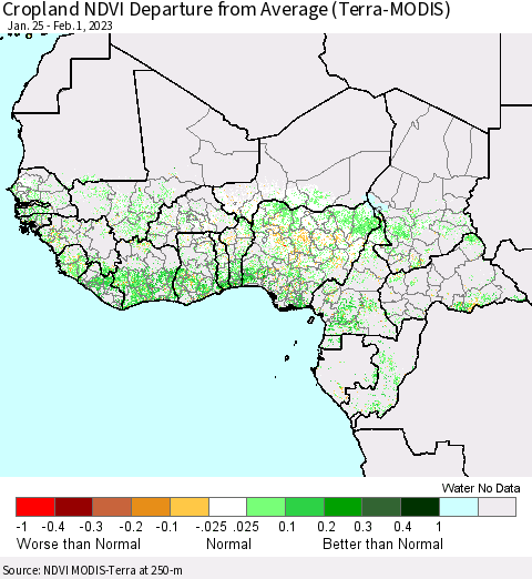 Western Africa Cropland NDVI Departure from Average (Terra-MODIS) Thematic Map For 1/25/2023 - 2/1/2023