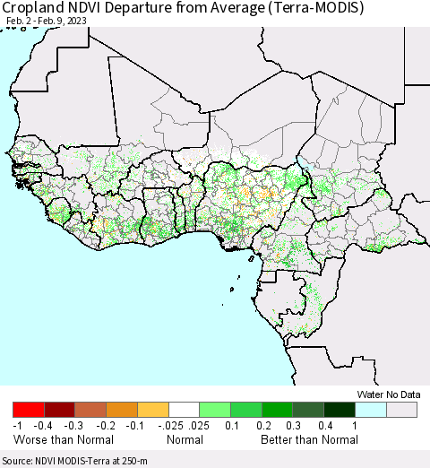 Western Africa Cropland NDVI Departure from Average (Terra-MODIS) Thematic Map For 2/2/2023 - 2/9/2023