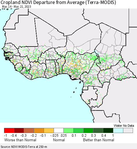 Western Africa Cropland NDVI Departure from Average (Terra-MODIS) Thematic Map For 3/14/2023 - 3/21/2023