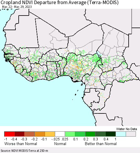 Western Africa Cropland NDVI Departure from Average (Terra-MODIS) Thematic Map For 3/22/2023 - 3/29/2023