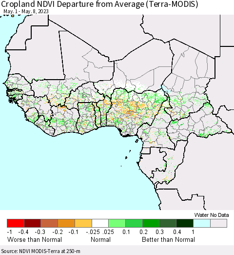 Western Africa Cropland NDVI Departure from Average (Terra-MODIS) Thematic Map For 5/1/2023 - 5/8/2023