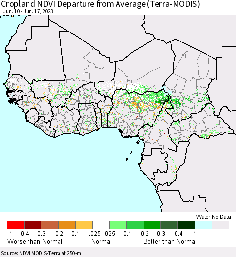 Western Africa Cropland NDVI Departure from Average (Terra-MODIS) Thematic Map For 6/10/2023 - 6/17/2023