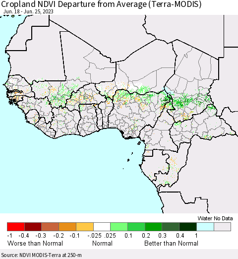 Western Africa Cropland NDVI Departure from Average (Terra-MODIS) Thematic Map For 6/18/2023 - 6/25/2023