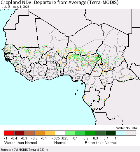 Western Africa Cropland NDVI Departure from Average (Terra-MODIS) Thematic Map For 7/28/2023 - 8/4/2023