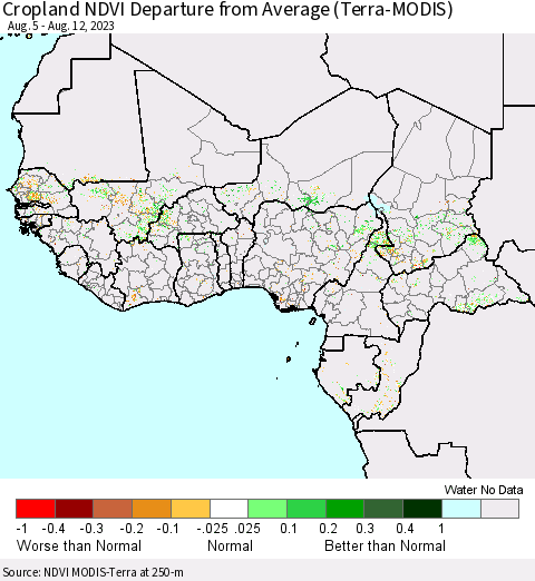 Western Africa Cropland NDVI Departure from Average (Terra-MODIS) Thematic Map For 8/5/2023 - 8/12/2023