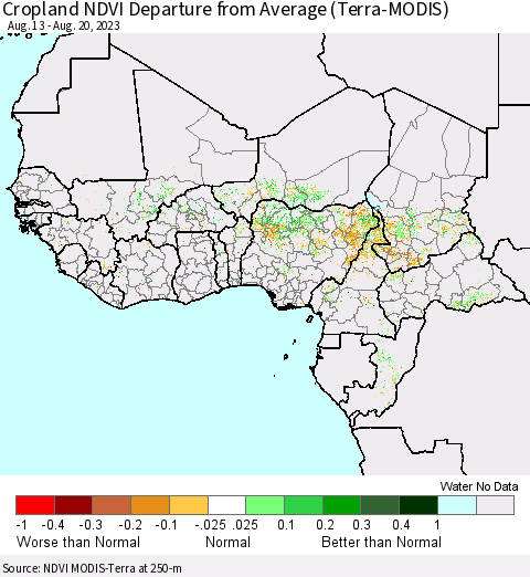 Western Africa Cropland NDVI Departure from Average (Terra-MODIS) Thematic Map For 8/13/2023 - 8/20/2023