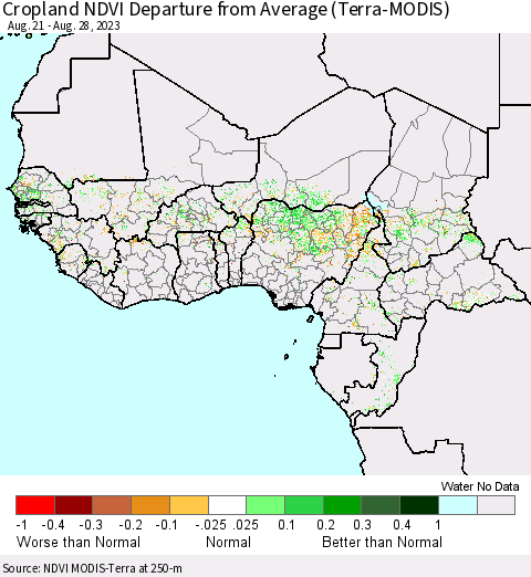 Western Africa Cropland NDVI Departure from Average (Terra-MODIS) Thematic Map For 8/21/2023 - 8/28/2023