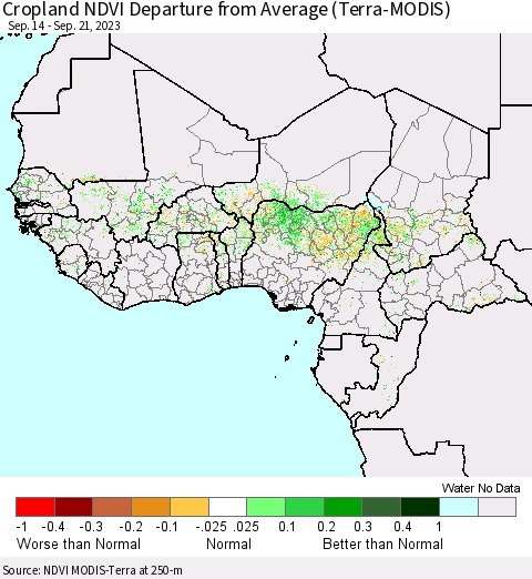 Western Africa Cropland NDVI Departure from Average (Terra-MODIS) Thematic Map For 9/14/2023 - 9/21/2023
