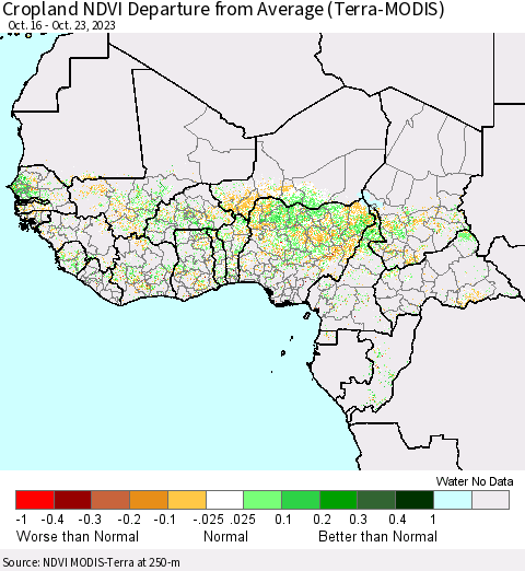 Western Africa Cropland NDVI Departure from Average (Terra-MODIS) Thematic Map For 10/16/2023 - 10/23/2023