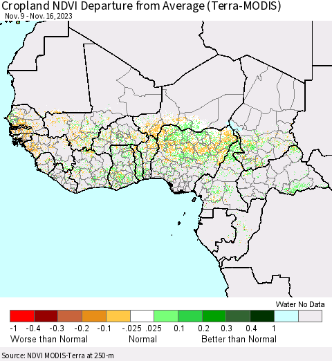 Western Africa Cropland NDVI Departure from Average (Terra-MODIS) Thematic Map For 11/9/2023 - 11/16/2023