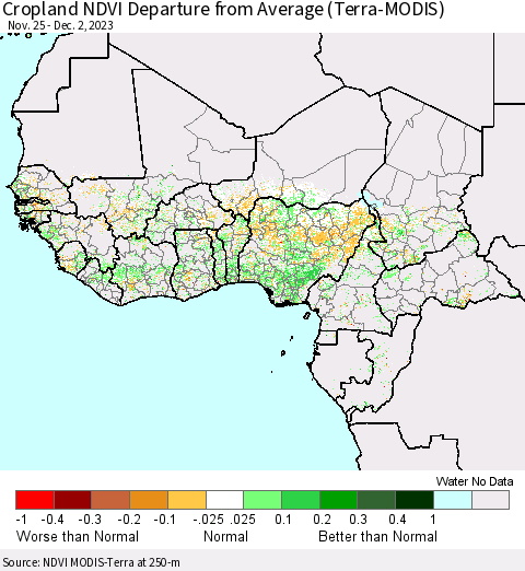 Western Africa Cropland NDVI Departure from Average (Terra-MODIS) Thematic Map For 11/25/2023 - 12/2/2023