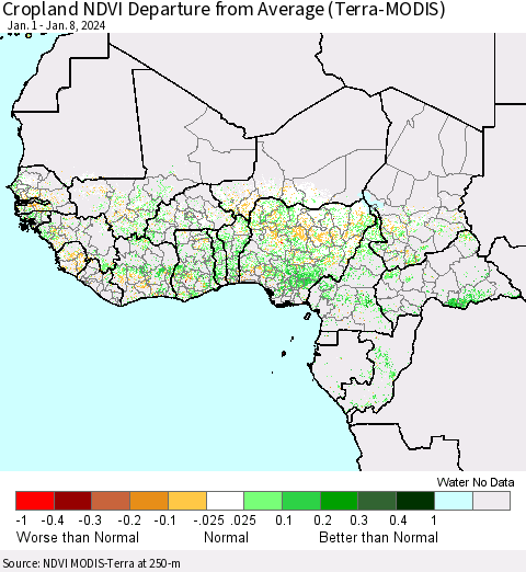 Western Africa Cropland NDVI Departure from Average (Terra-MODIS) Thematic Map For 1/1/2024 - 1/8/2024