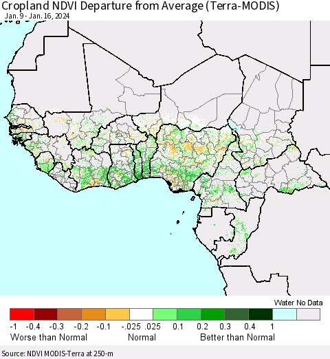 Western Africa Cropland NDVI Departure from Average (Terra-MODIS) Thematic Map For 1/9/2024 - 1/16/2024