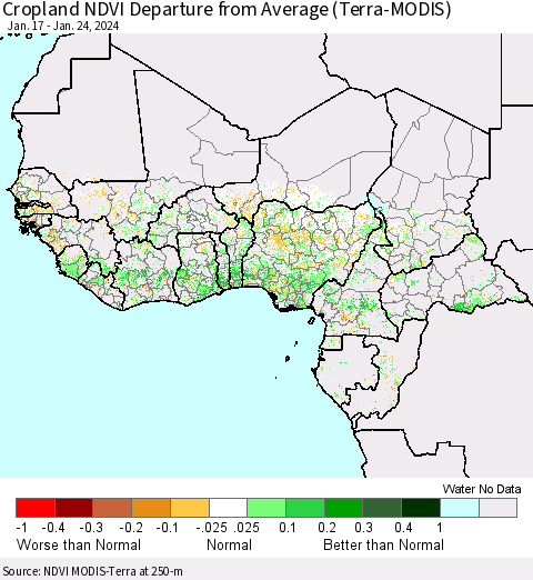 Western Africa Cropland NDVI Departure from Average (Terra-MODIS) Thematic Map For 1/17/2024 - 1/24/2024