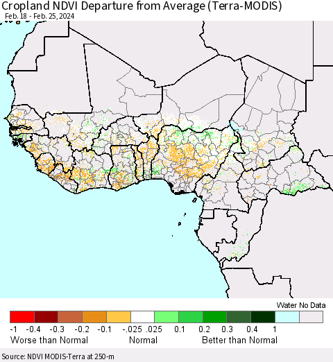 Western Africa Cropland NDVI Departure from Average (Terra-MODIS) Thematic Map For 2/18/2024 - 2/25/2024