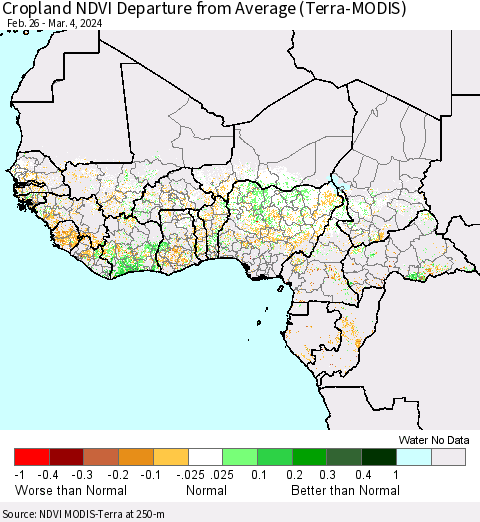 Western Africa Cropland NDVI Departure from Average (Terra-MODIS) Thematic Map For 2/26/2024 - 3/4/2024