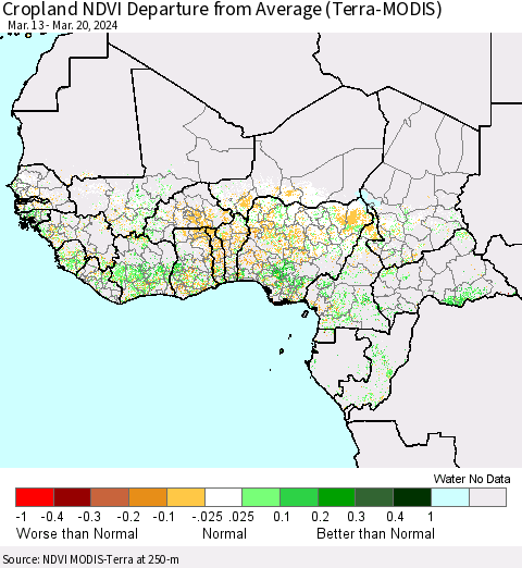 Western Africa Cropland NDVI Departure from Average (Terra-MODIS) Thematic Map For 3/13/2024 - 3/20/2024