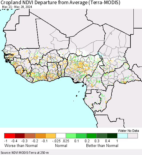 Western Africa Cropland NDVI Departure from Average (Terra-MODIS) Thematic Map For 3/21/2024 - 3/28/2024