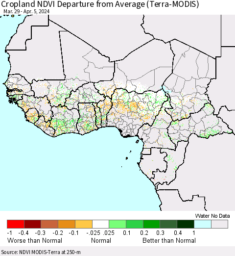 Western Africa Cropland NDVI Departure from Average (Terra-MODIS) Thematic Map For 3/29/2024 - 4/5/2024