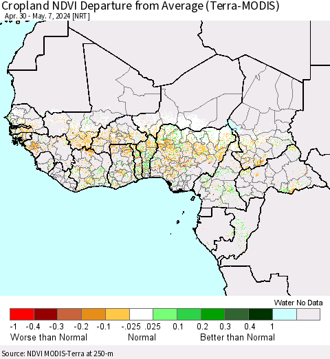 Western Africa Cropland NDVI Departure from Average (Terra-MODIS) Thematic Map For 4/30/2024 - 5/7/2024