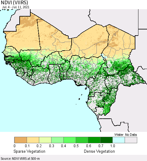 Western Africa NDVI (VIIRS) Thematic Map For 7/4/2021 - 7/11/2021