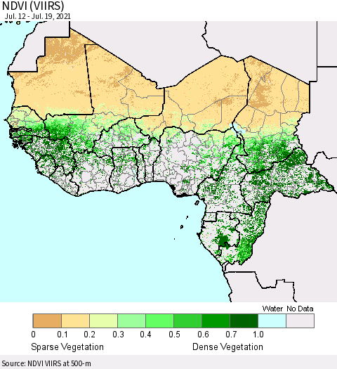 Western Africa NDVI (VIIRS) Thematic Map For 7/12/2021 - 7/19/2021