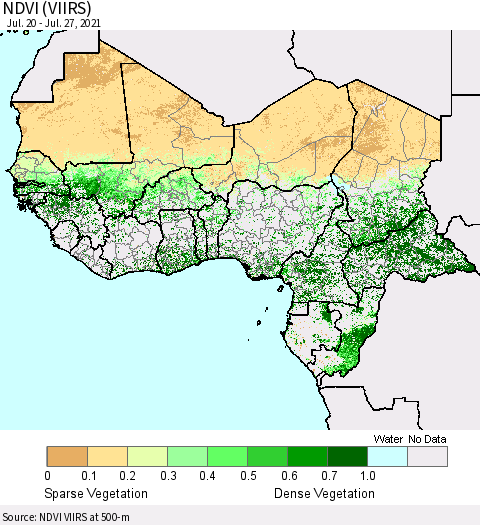 Western Africa NDVI (VIIRS) Thematic Map For 7/20/2021 - 7/27/2021